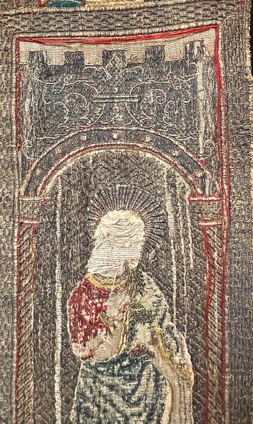 Rare Tudor Orphrey Silk and Metal Thread Embroidered Panels with Iconography Saints: C16th England