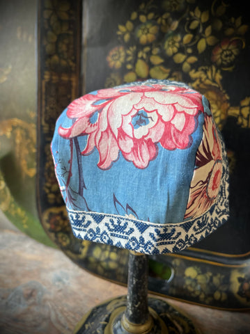 Antique Traditional Folk Costume Babies Chintz Bonnet: C19th Marken, Netherlands Blue/pink