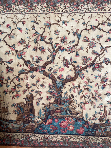 Antique Block Printed Mezzaro Wall Hanging with Tree of Life Ship Figures Giraffe: C1830 Genoa, Italy