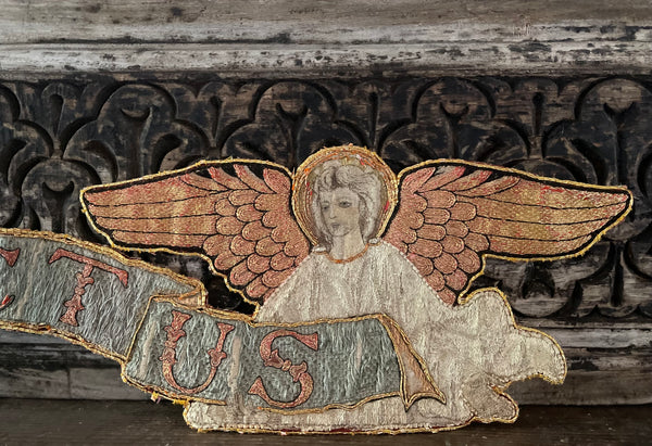 Pair of Fine Silk Embroidered Arts and Crafts ‘Sanctus’ Angel Appliqués :C1890 English