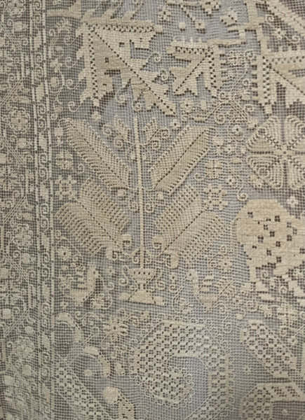 Antique Early Figurative Filet Lace Curtain Mythological Beasts Birds Tree of Life Hand Embroidered: C18th Italy