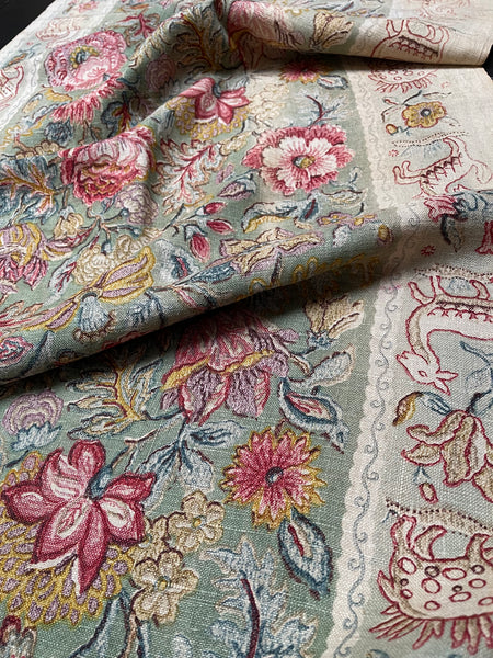 Arts and Crafts Jacobean Revival Block Print Linen Panel with Animal Borders: C1910 England