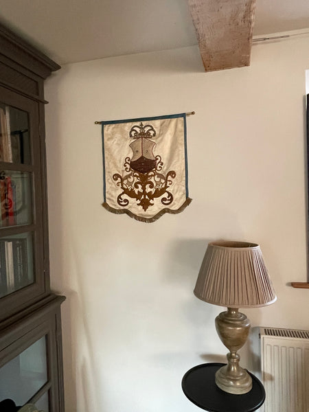 Antique Zardozi Embroidered & Stumpwork Heraldic Banner: C19th India