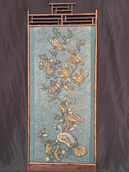 Antique Crewelwork Embroidered Tree of Life Wallhanging in Antique Japanese Bamboo Frame (2): C1900 Britain