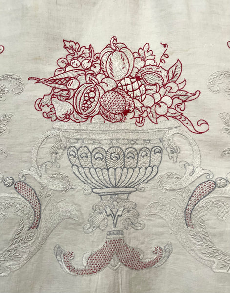Antique Neo Renaissance White & Red-work Embroidered Pelmet Valance: C1900 Europe
