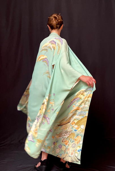 Hand Painted & Stencilled Reversible Silk Kimono Peppermint Green & Powder Pink: C1930 Japan