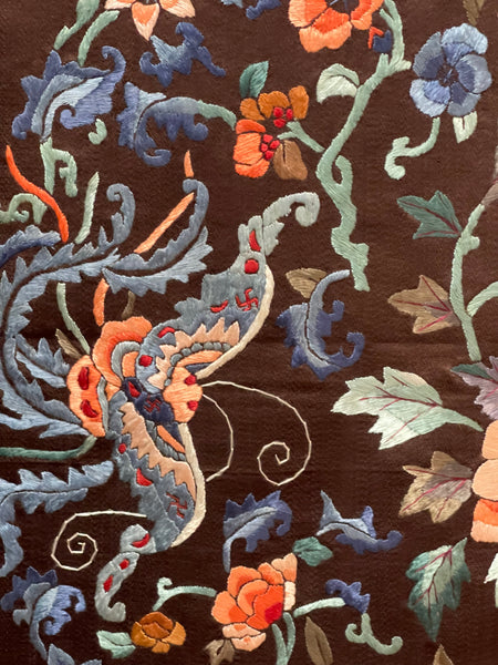 Fine Silk Embroidered Wallhanging with Symbolic Bats, Butterflies, Peonies: C19th China for export