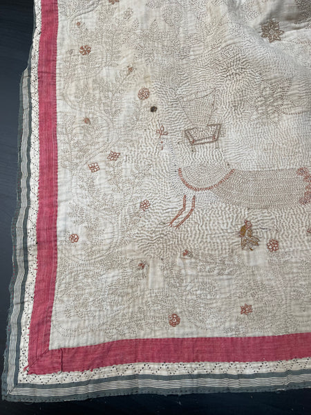 Rare Antique Hand Embroidered Kantha Quilt with Birds & Trees of Life: 19th Century, Bangladesh