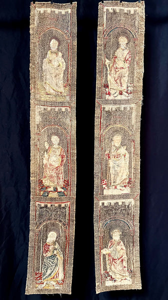 Rare Tudor Orphrey Silk and Metal Thread Embroidered Panels with Iconography Saints: C16th England