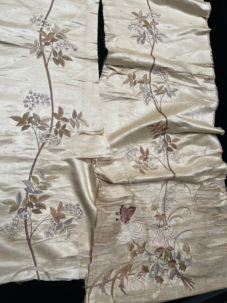 Three Fine Antique Silk Embroidered Panels Florals Butterflies Time Worn: C19th China