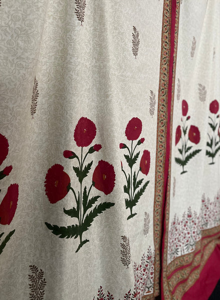 Block Printed Hangings or Curtain Panels with Poppies: C20th Jaipur, India