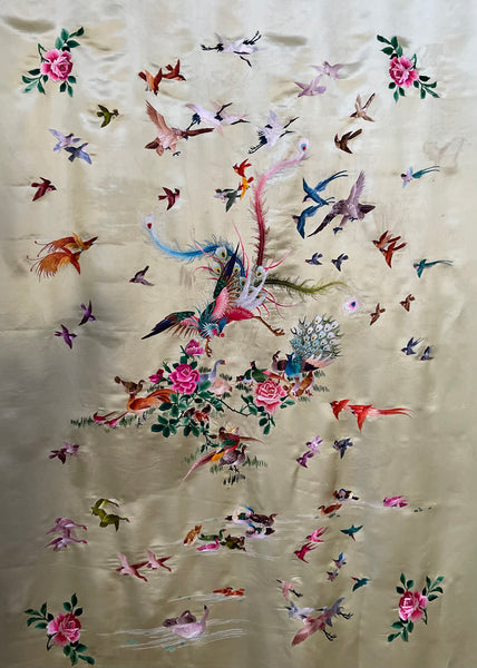 Antique Silk Embroidered Wallhanging with Exotic Birds: C20th China for export