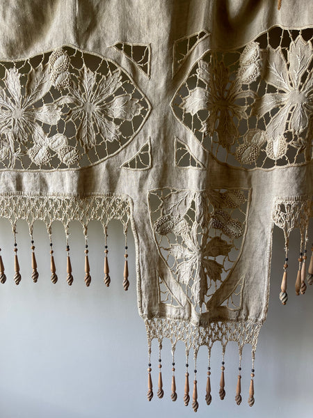 Antique Richelieu Hand Embroidered Pelmet or Café Curtain with Carved Beaded Fringe: C1900 France