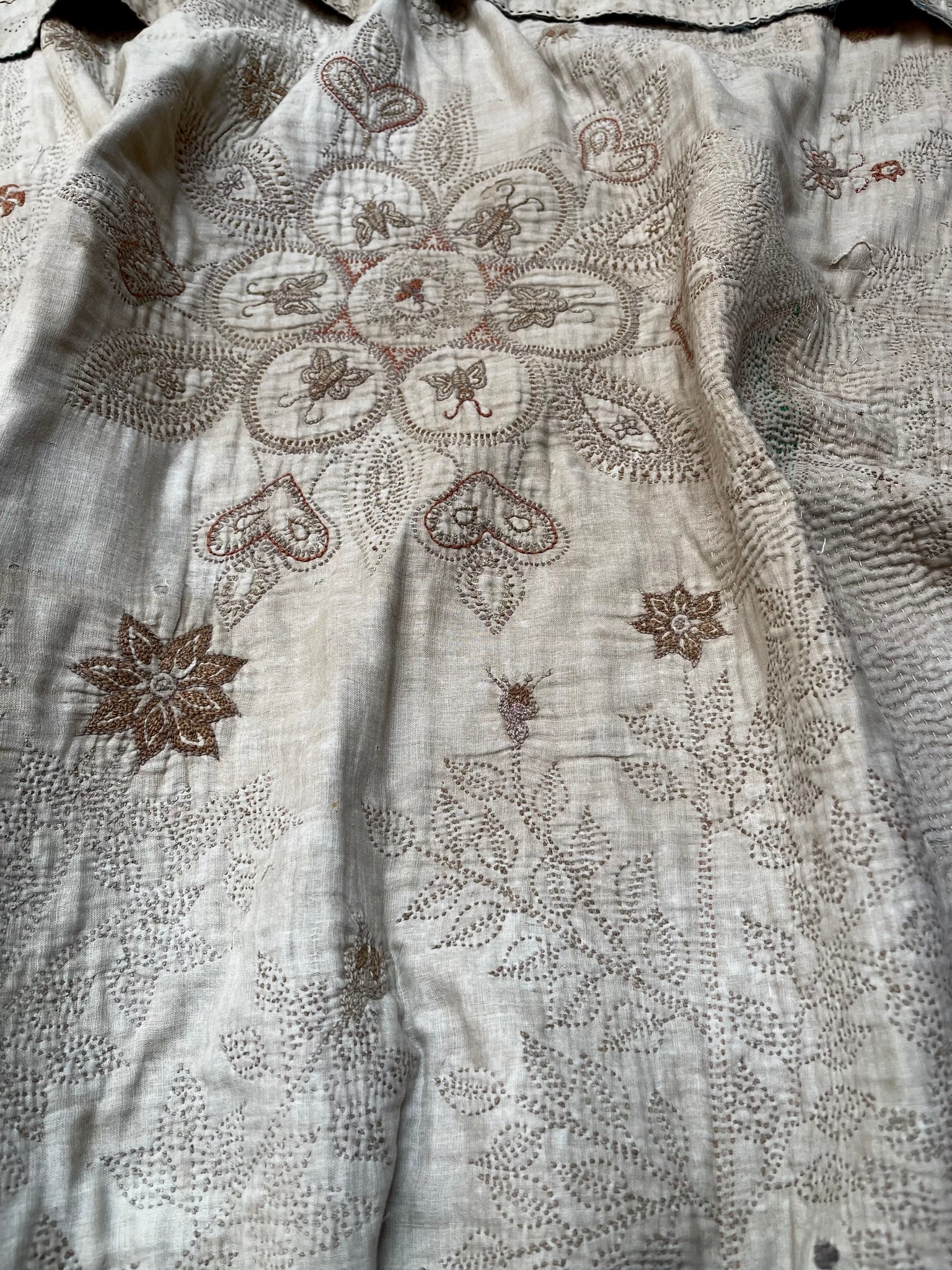 Rare Antique Hand Embroidered Kantha Quilt with Birds & Trees of Life: 19th Century, Bangladesh