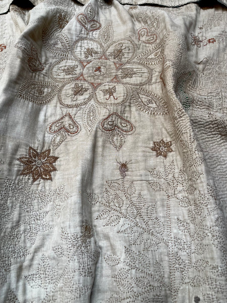 Rare Antique Hand Embroidered Kantha Quilt with Birds & Trees of Life: 19th Century, Bangladesh