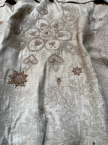 Rare Antique Hand Embroidered Kantha Quilt with Birds & Trees of Life: 19th Century, Bangladesh