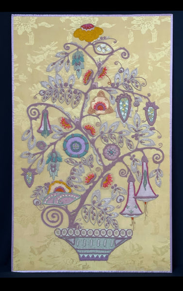 Antique Crewelwork Embroidered Tree of Life in Vase: C1910/20 Vienna, Austria