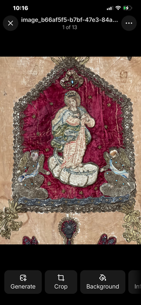 Early Embroidered Silk Velvet Church Wall Hanging With Madonna: C17th Italy