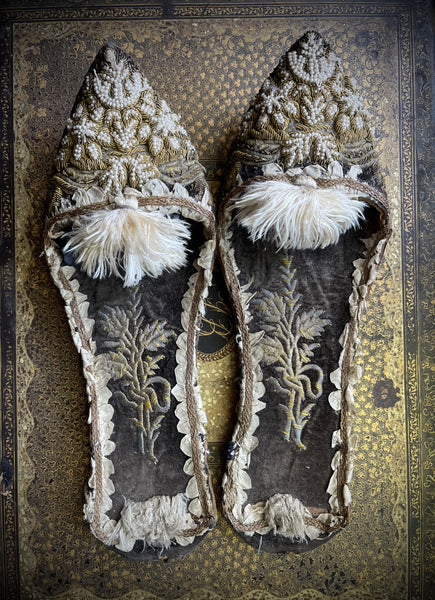 Antique Ottoman Slippers with Gold Gilt Embroidery & Seed Pearls: C19th Turkey