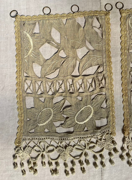 Pair Antique Art Deco French Richelieu Embroidered Linen Cafe Curtains Handmade Sunflower Motif