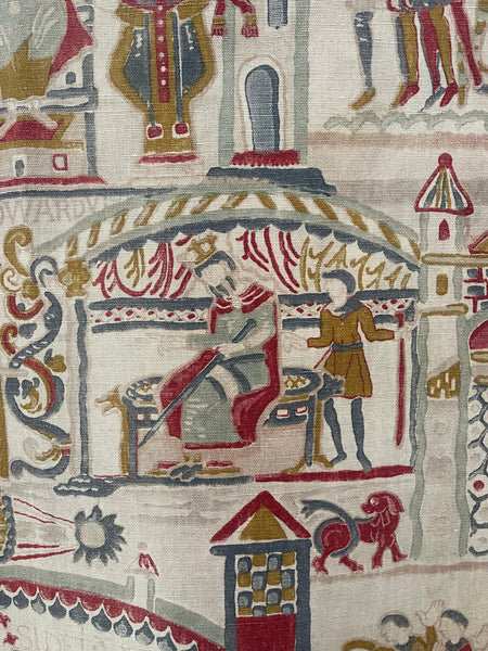 Antique Printed Linen Wallhanging Inspired by Bayeux Tapestry: C1920s Britain