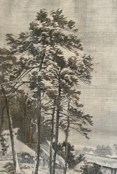 Hand Painted Silk and Velvet with Winter Water Landscape : C1900 Meiji Period, Japan