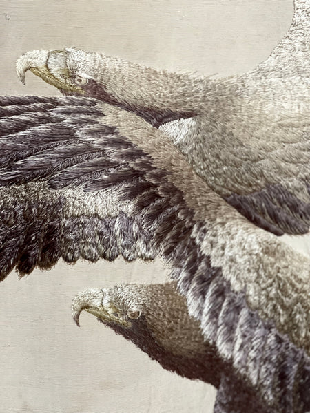 Museum Worthy Silk Embroidered Wallhanging with Waves Auspicious Sea Hawks: C19th Meiji Period, Japan.