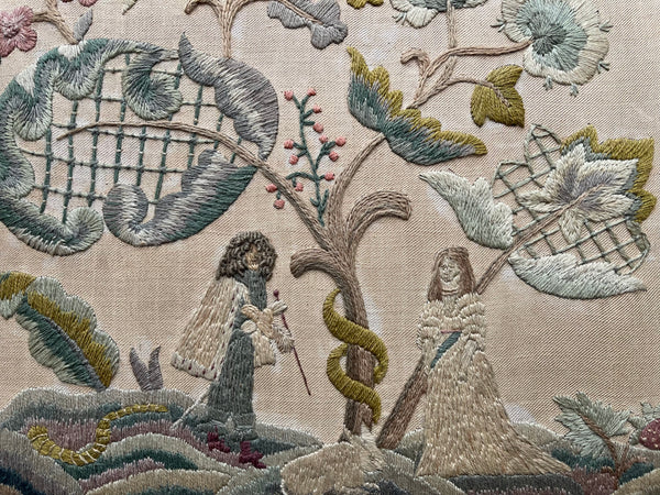 Antique Jacobean Revival Crewelwork Embroidery with Adam & Eve: C19th Britain