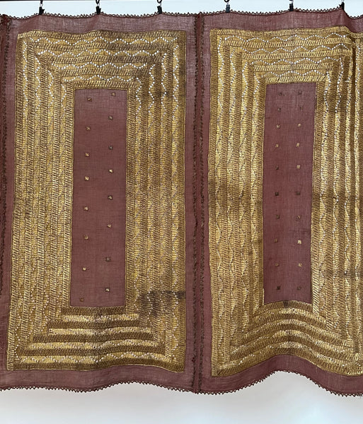 Antique Gold Thread Embroidered Panel Curtain Wallhanging:C20th Indonisia