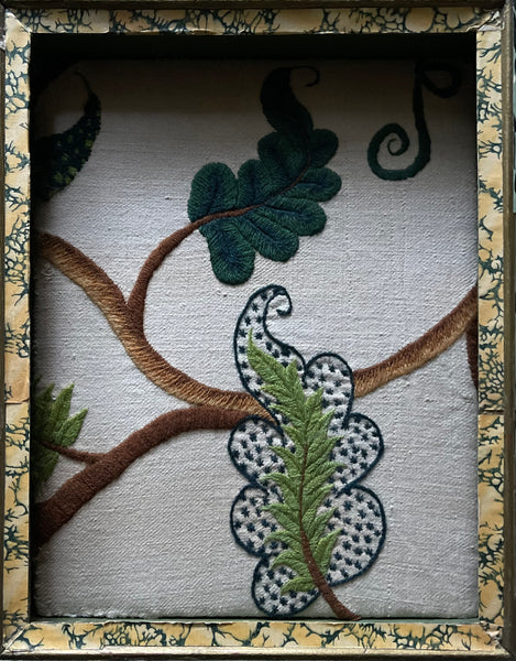 Antique Crewelwork Embroidery in French Hand Painted Wallpaper Covered Frame: C18th England