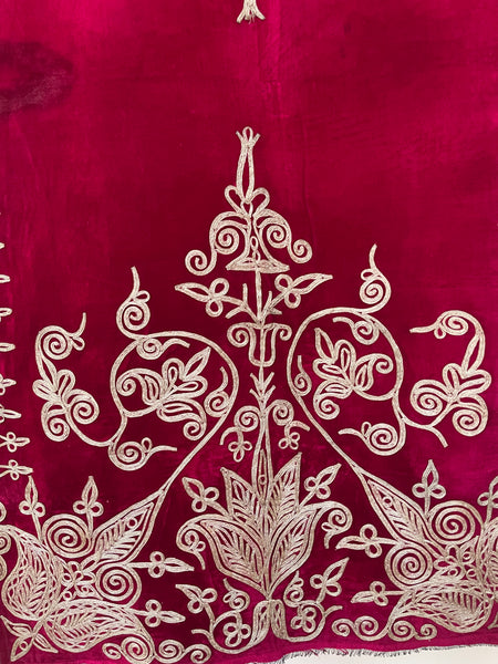 Antique Ottoman Era Magenta Pink Silk Velvet Panel with Traditional Hand Applied Silver Braiding: C19th Algeria