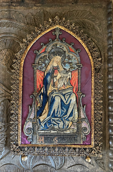 Antique Orphery Embroidery with Mary Queen of Heaven in Gothic Frame: Late C18th / 19th Century England
