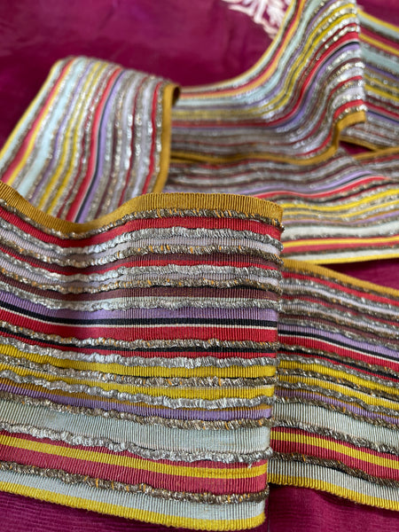 Antique Woven Silk Striped Sash Band with Silver Embroidery: C19th Morocco