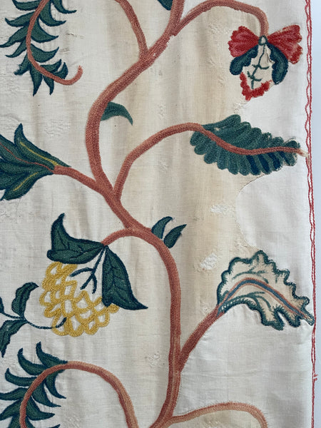 Original Antique Crewelwork Embroidered Bed Hanging: C18th Britain