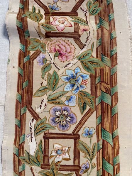 Hand Painted Chinoiserie Silk Panel Border Floral Vine: C1800 France