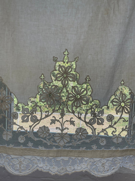 A Pair of Art Nouveau Cutwork and Embroidered Chateau Window Curtain Panels: C1900 France