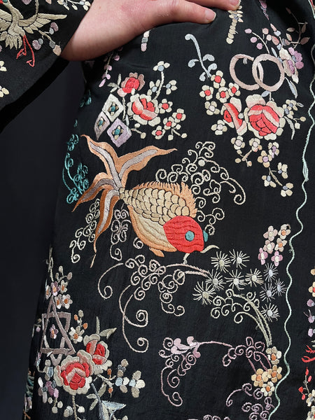Antique Silk Embroidered Coat with Flowers, Birds, Koi: C1930 Canton, China for export.
