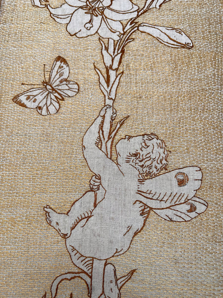 Antique Art Nouveau Silk Embroidery with Cupid & Lily in the manner of Walter Crane: C1900 England