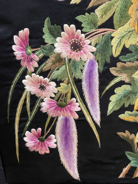 Antique Fine Silk Embroidery with Flowers Wallhanging: C19th China
