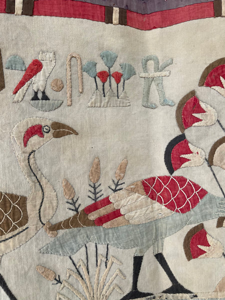 Antique Egyptian Revival Appliqué Wallhanging with Herders, Geese, Hieroglyphics: C1920s Egypt