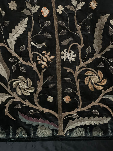 Antique Hand Embroidered Tree of Life Silk Wallhanging with Birds & Flowers: C19th Anglo Indian