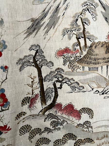 Traditional Block Printed Hand Painted Wallhanging with Mount Fuji: C1930 Japan