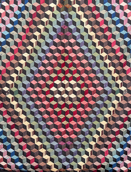Antique Handmade Tumbling Blocks Silk Patchwork Quilt made with Cravat & Scarf Silks: C1910/20 Britain