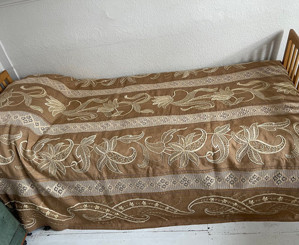 Arts and Crafts Silk Embroidered Linen Bedcover Throw or Curtain : C1900 England