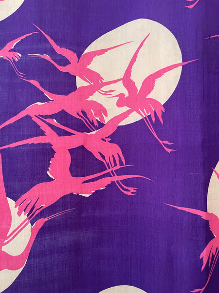 Art Deco era Printed Silk with Cranes Flying across Moon: C1920 Japan