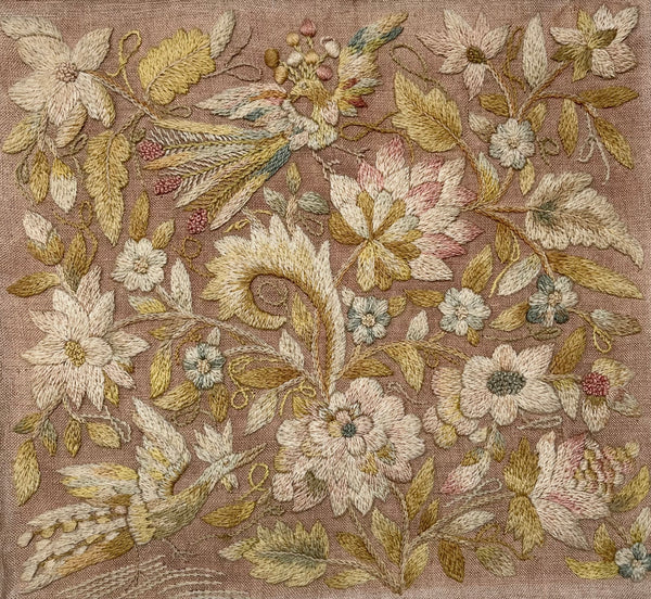 Antique Georgian Crewelwork Embroidery with Birds and Florals: C1700s England