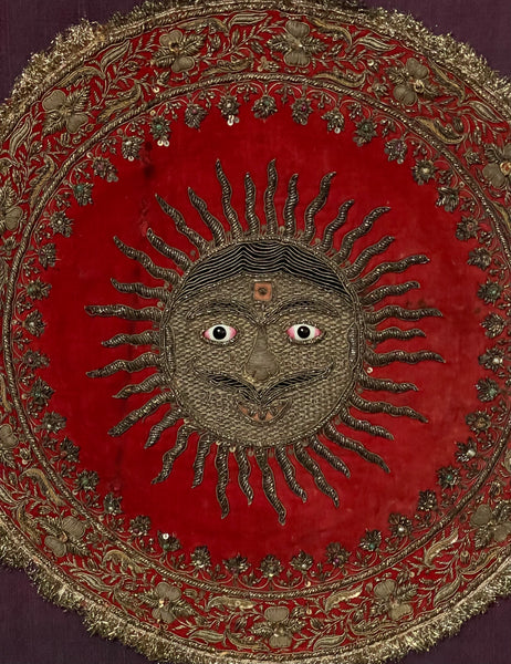 Antique Zardozi Embroidered Sun God on Velvet with Semi Precious Stones: C19th India