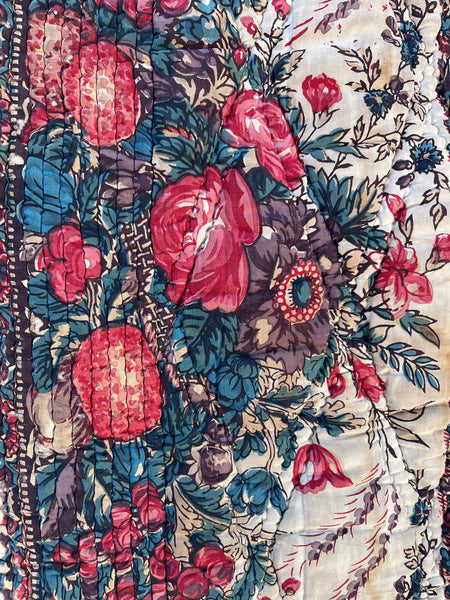 Antique Quilted Block Print & Hand Painted Floral Mezzaro Border: C19th Europe
