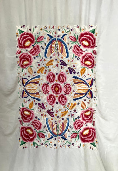 Antique Embroidered Bedcover Throw Curtain with Butterflies Florals Dragonflies: C20th Mexico