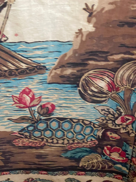 Antique Block Printed Mezzaro Wall Hanging with Tree of Life Ship Figures Giraffe: C1830 Genoa, Italy